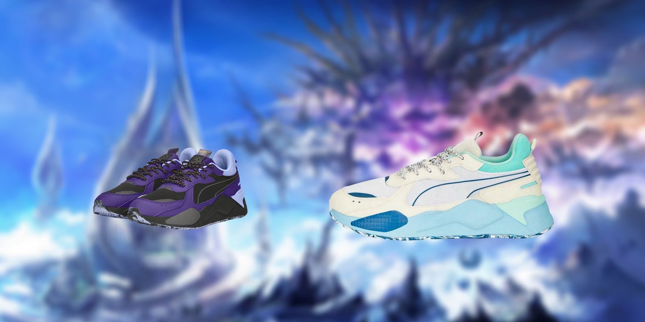 FFXIV 10th Anniversary Puma Collab with the shoes of darkness on the left and the shoes of light on the right