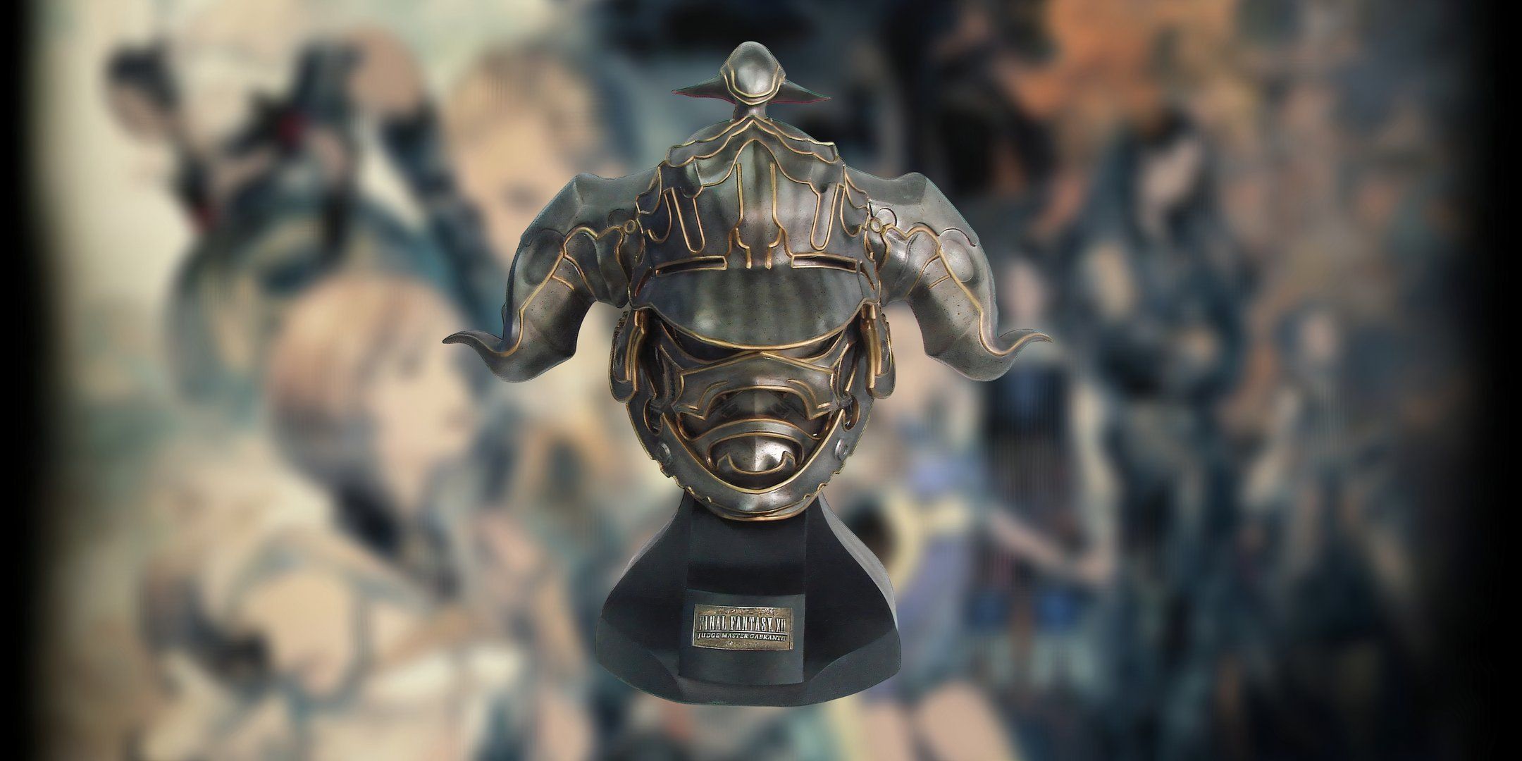 FF12 Gabranth Helmet Replica on its stand.