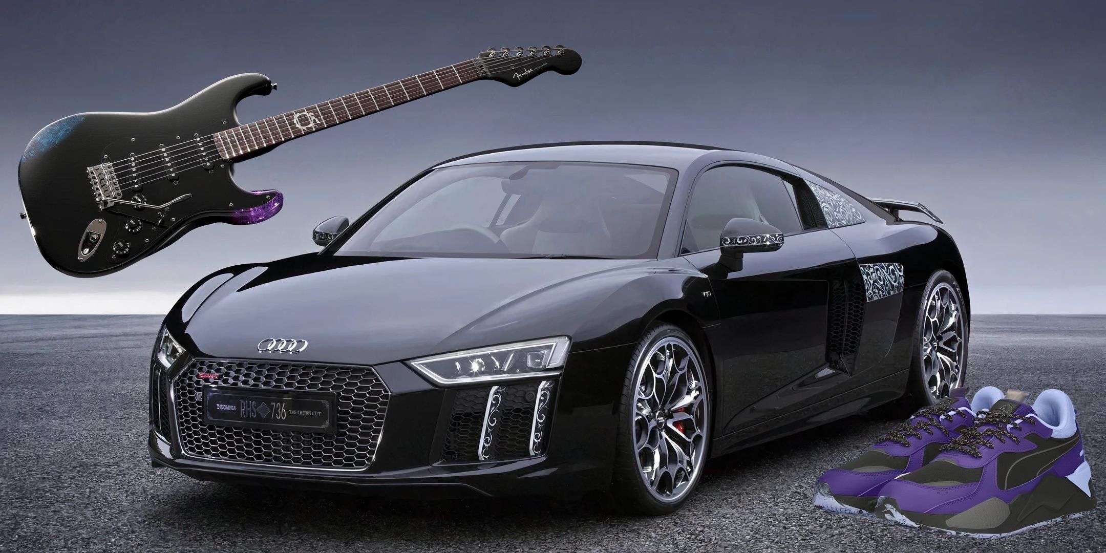 Guitar on the left, Audi R8 in the middle, Puma FFXIV shoes on the bottom right