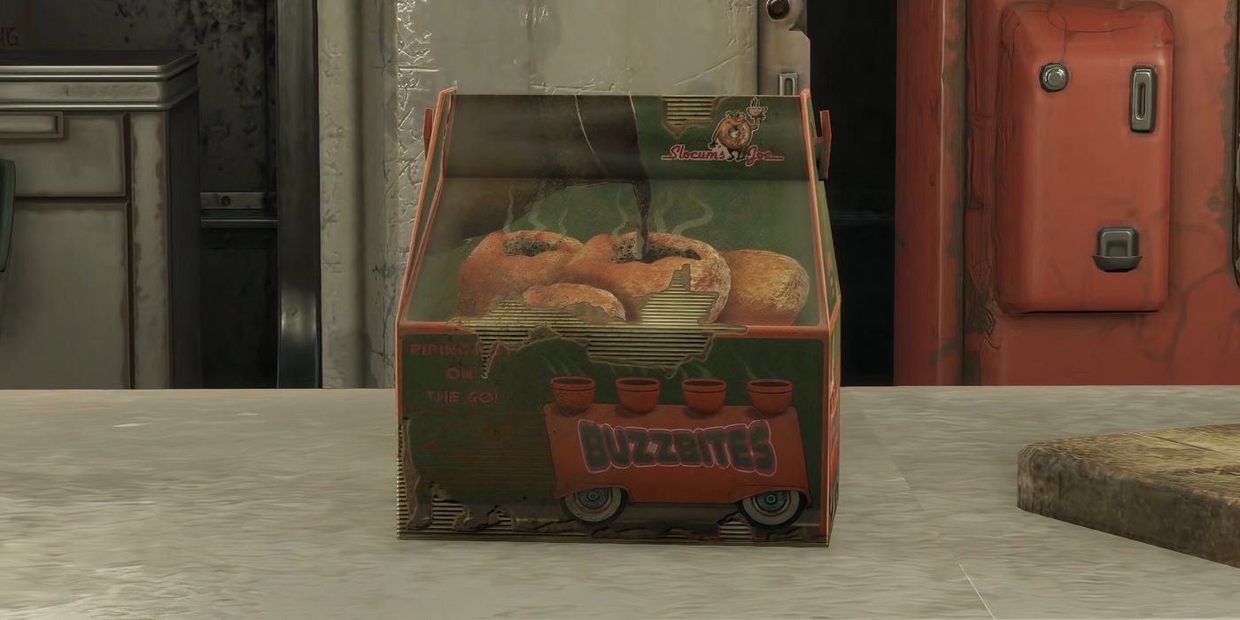 Fallout 4 Slocums Joe BuzzBites on a counter.