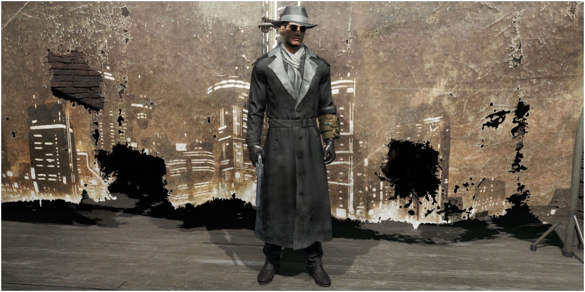 The player character dressed in the Silver Shroud outfit from Fallout 4.