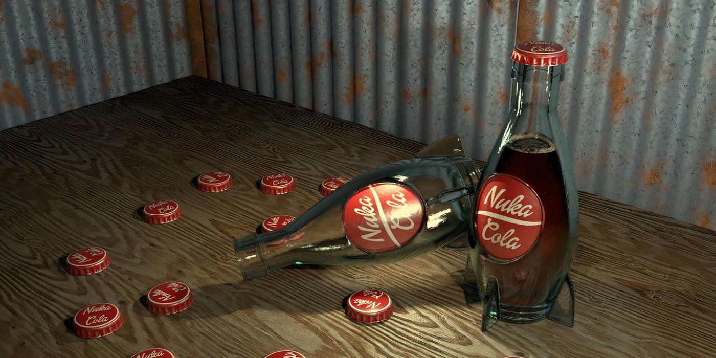 Two Nuka-Cola bottle and a bunch of caps on a table from Fallout.