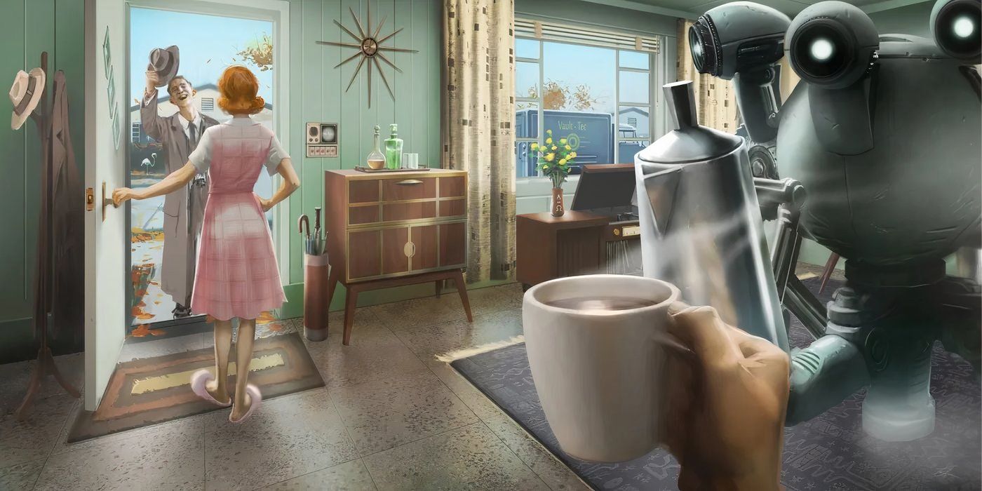 A pleasant scene of a Mr. Handy in a suburban home in Fallout 4.