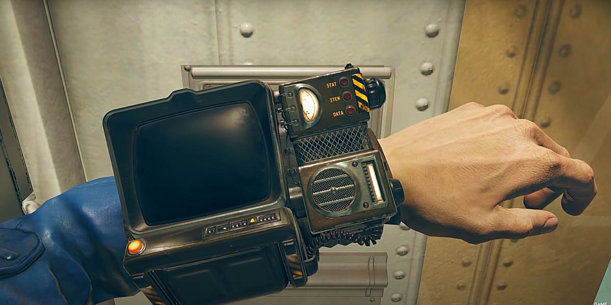 The Pip-Boy on the arm of the player character in Fallout 76.