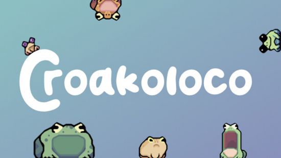 Best clicker games: The Croakoloco logo on a blue background, surrounded by various frog.