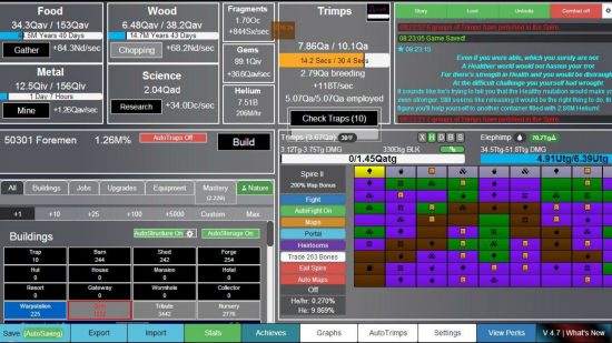 idle games trimps - image shows the complex game in progress.