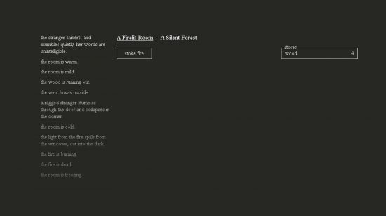 Best clicker games: A Dark Room. Image shows a number of text options that a player can select while playing.