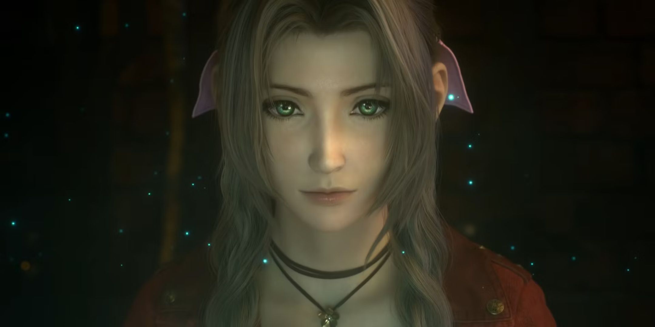 The opening shot of Aerith Gainsborough surrounded by Mako energy fragments in Final Fantasy 7 Remake