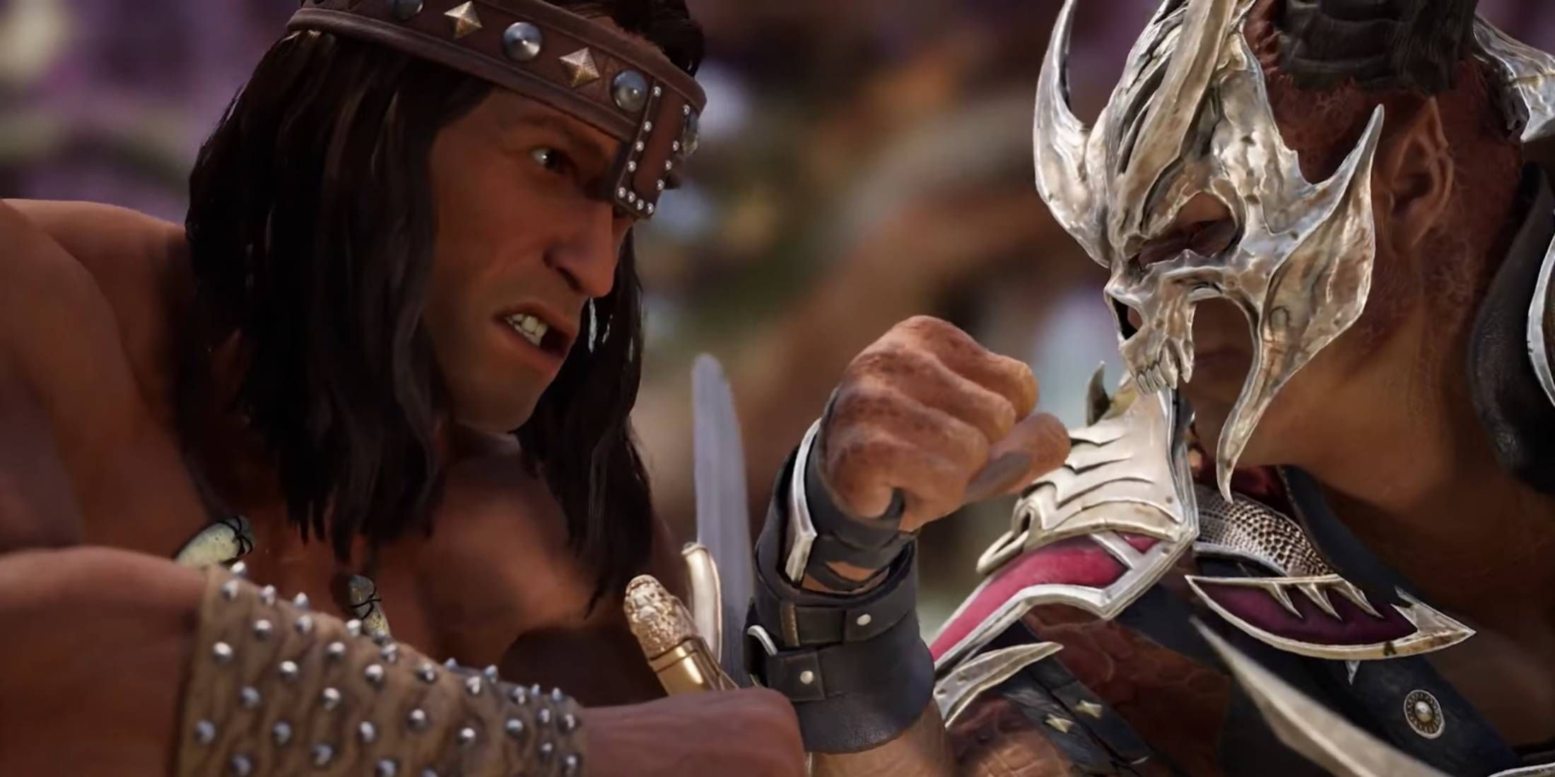 Conan looking furious while confronting General Shao in Mortal Kombat 1