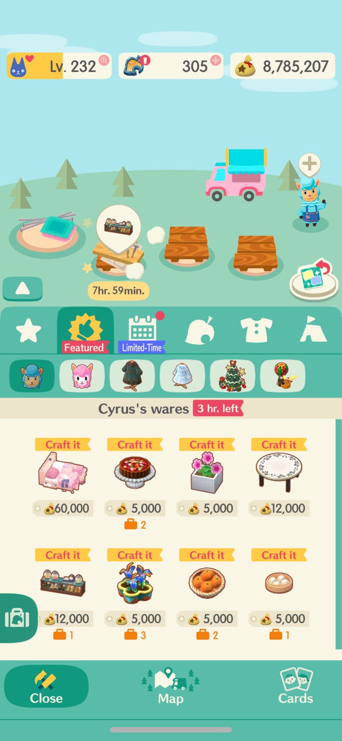 Animal Crossing: Pocket Camp Complete screenshot of one of the many pages of craftable items.