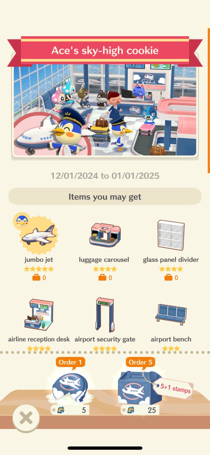 Animal Crossing: Pocket Camp Complete screenshot showing possible rewards from an air travel themed fortune cookie.