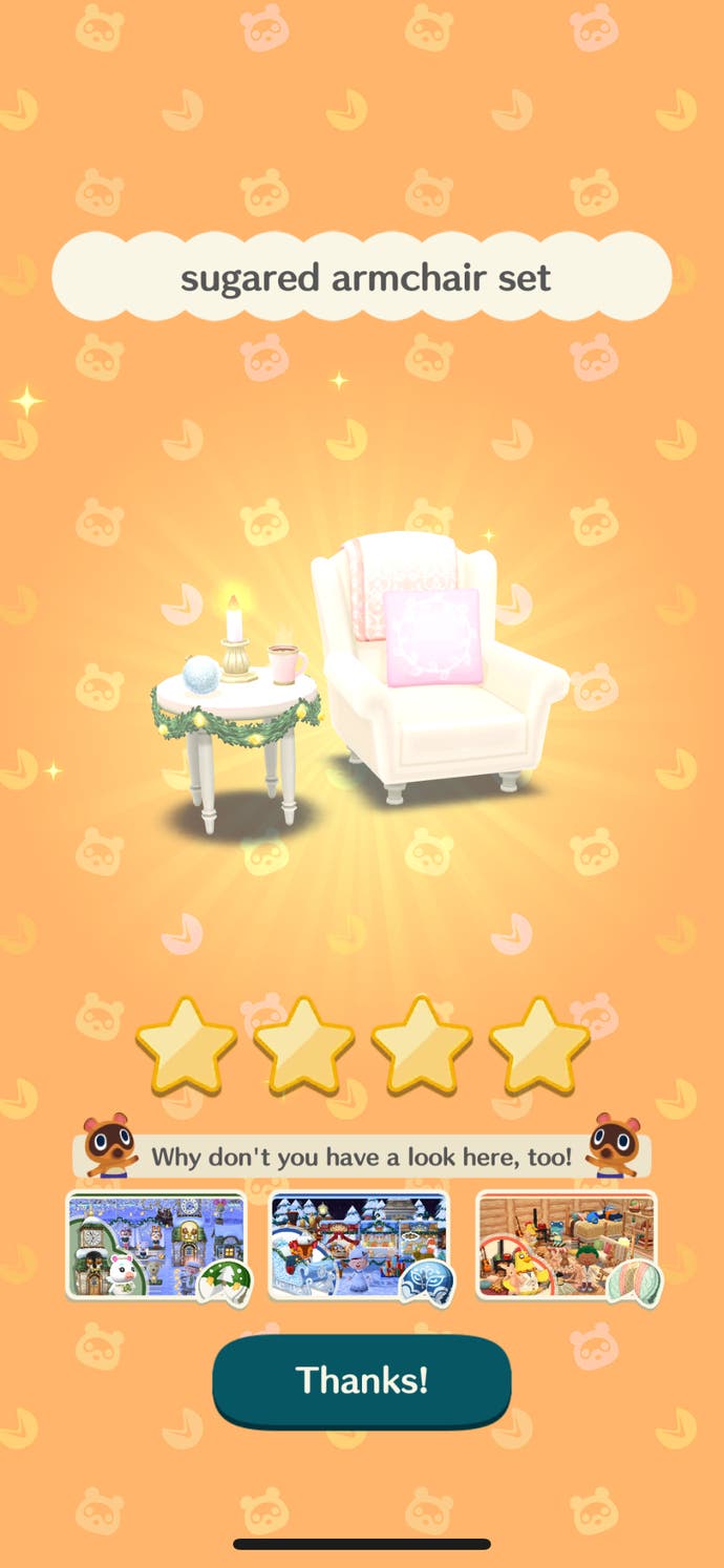 Animal Crossing: Pocket Camp Complete screenshot of a sugared armchair furniture item as a reward from opening a fortune cookie.