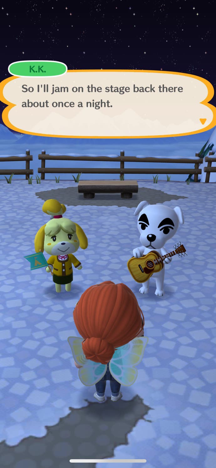 Animal Crossing: Pocket Camp Complete screenshot with Isabel and KK Slider introducing the player to Whistle Pass.