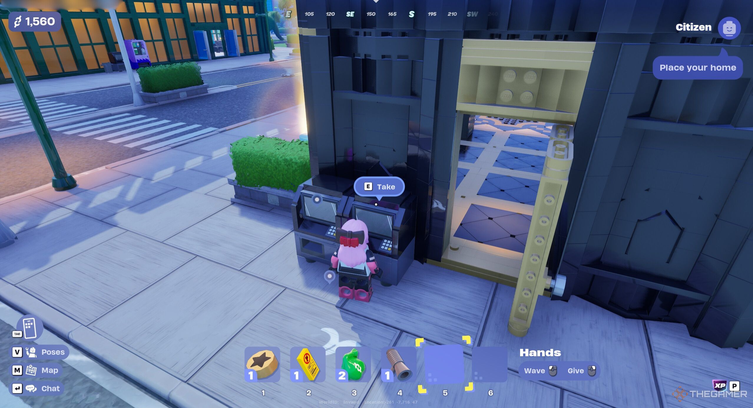 A photo of a Lego Fortnite Brick Life player taking cash from the ATM.