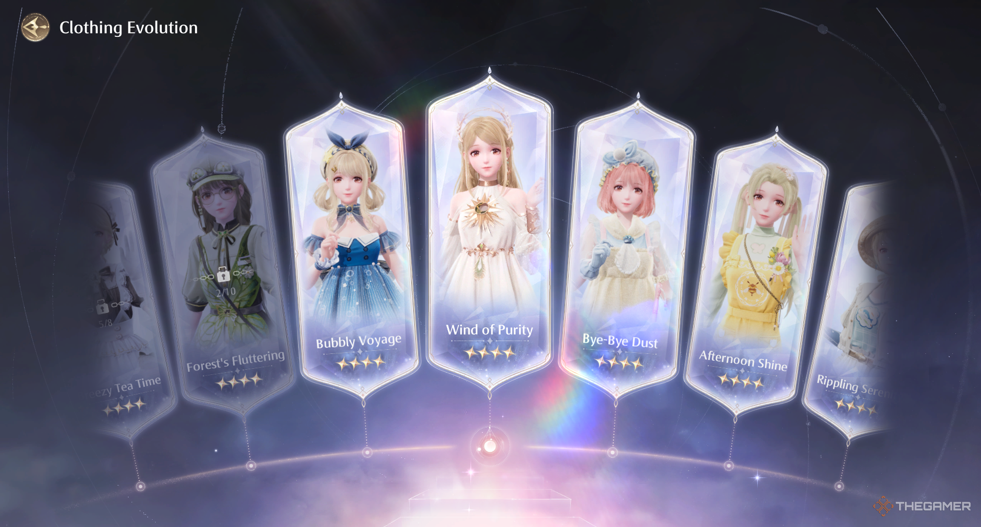 Clothing Evolution menu selecting Wind of Purity outfit in Infinity Nikki.