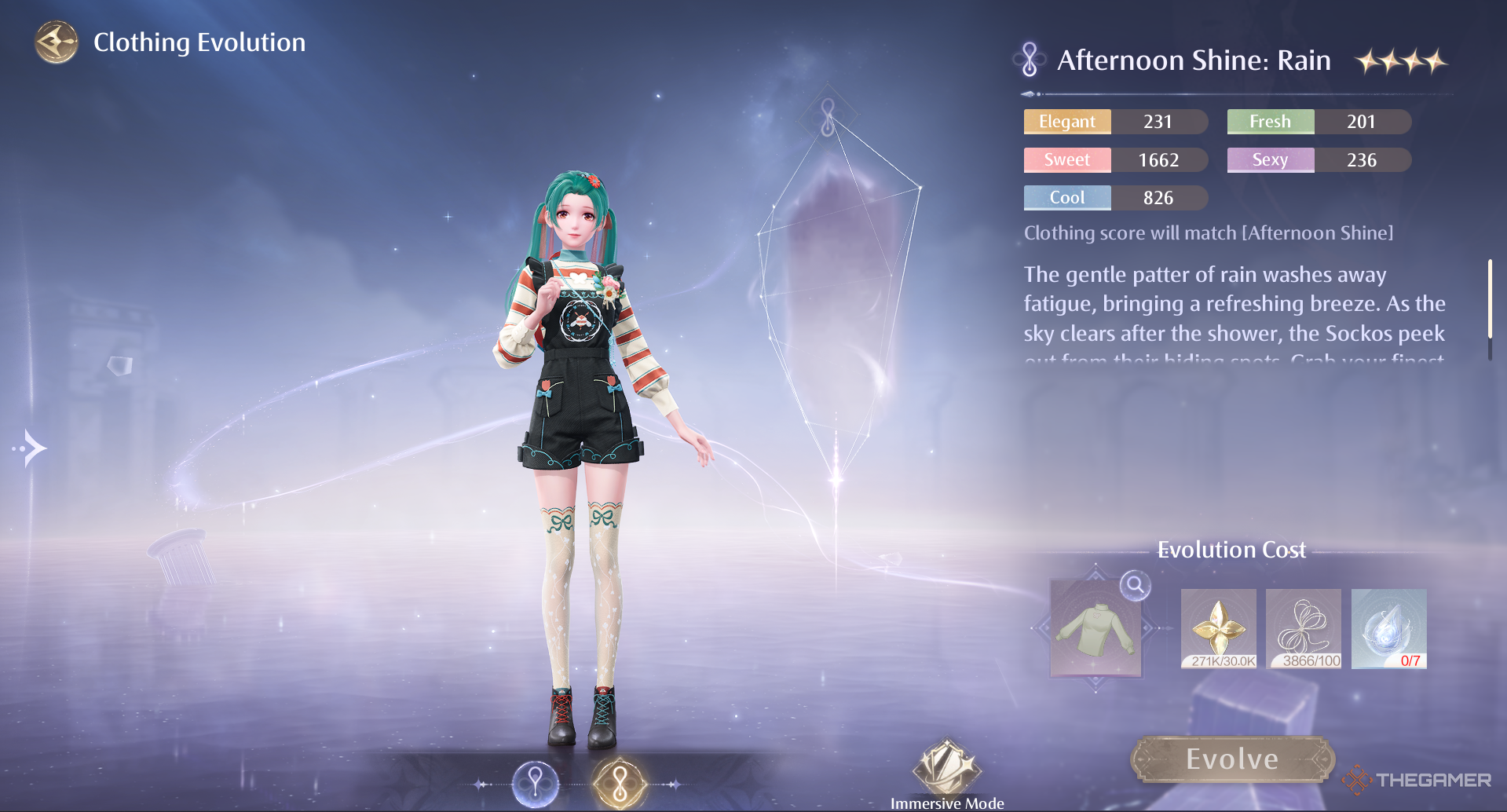 Nikki wearing the evolved Afternoon Sunshine outfit in the Evolution menu in Infinity Nikki.