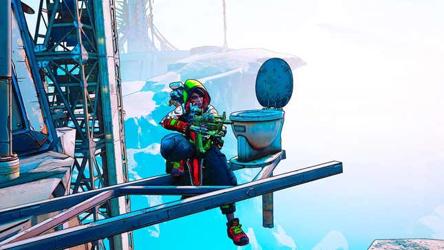 A vault hunter sits next to a toilet in the air. 