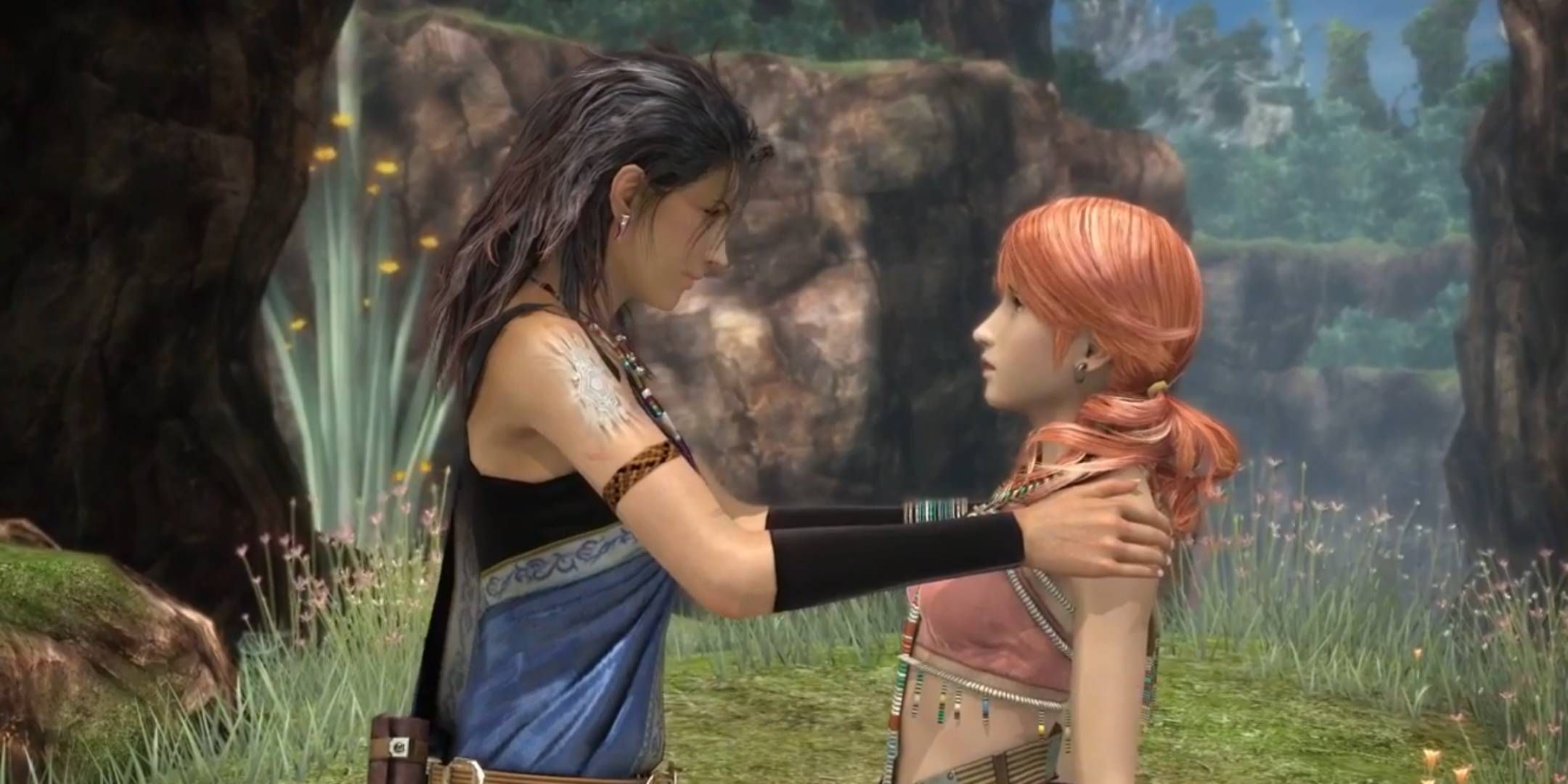 Oerba Yun Fang with her hands on Oerba Dia Vanille's shoulders in Final Fantasy 13.