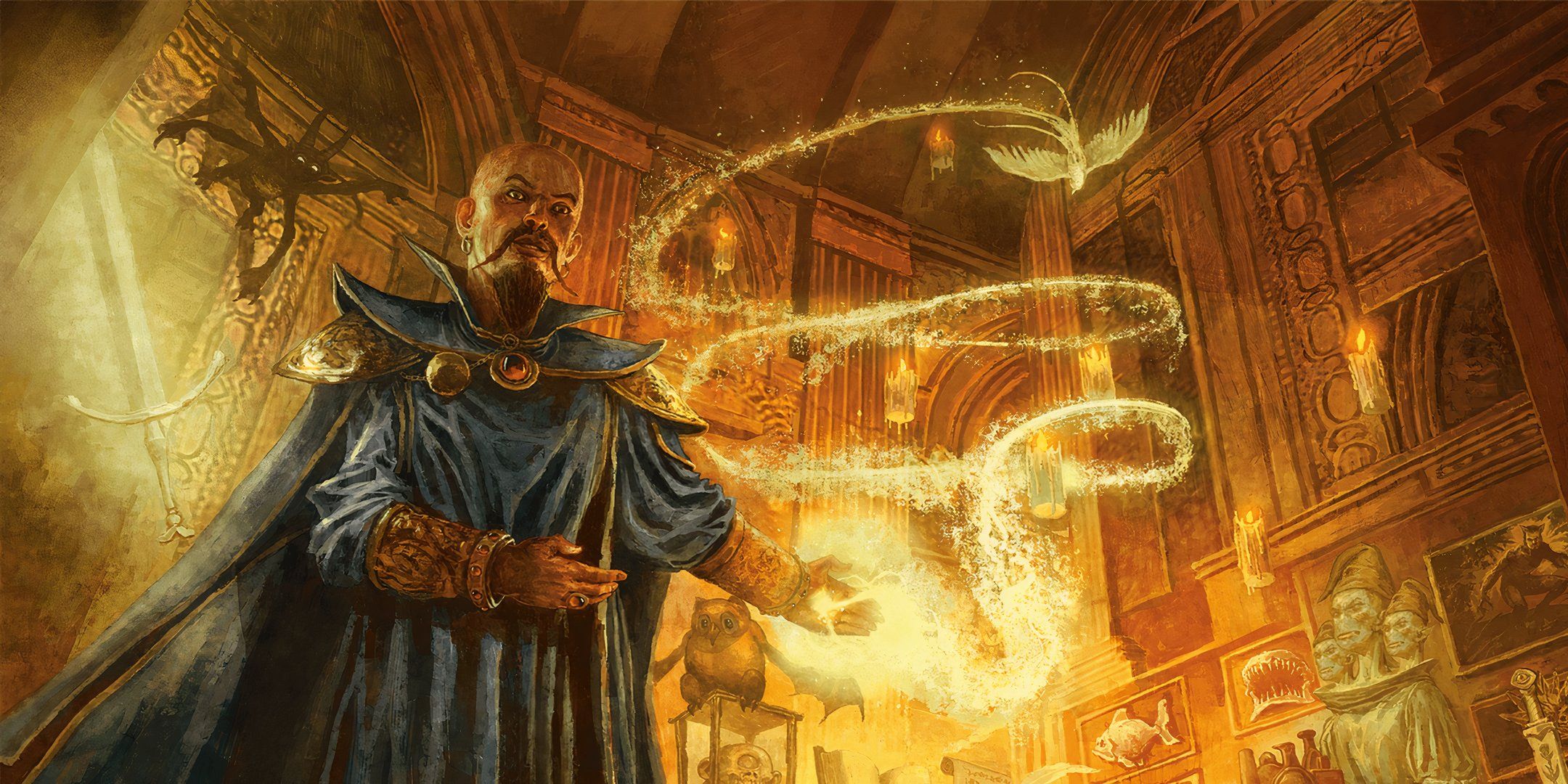 A wizard in blue robes conjuring a spell in his golden study in Dugeons & Dragons. 