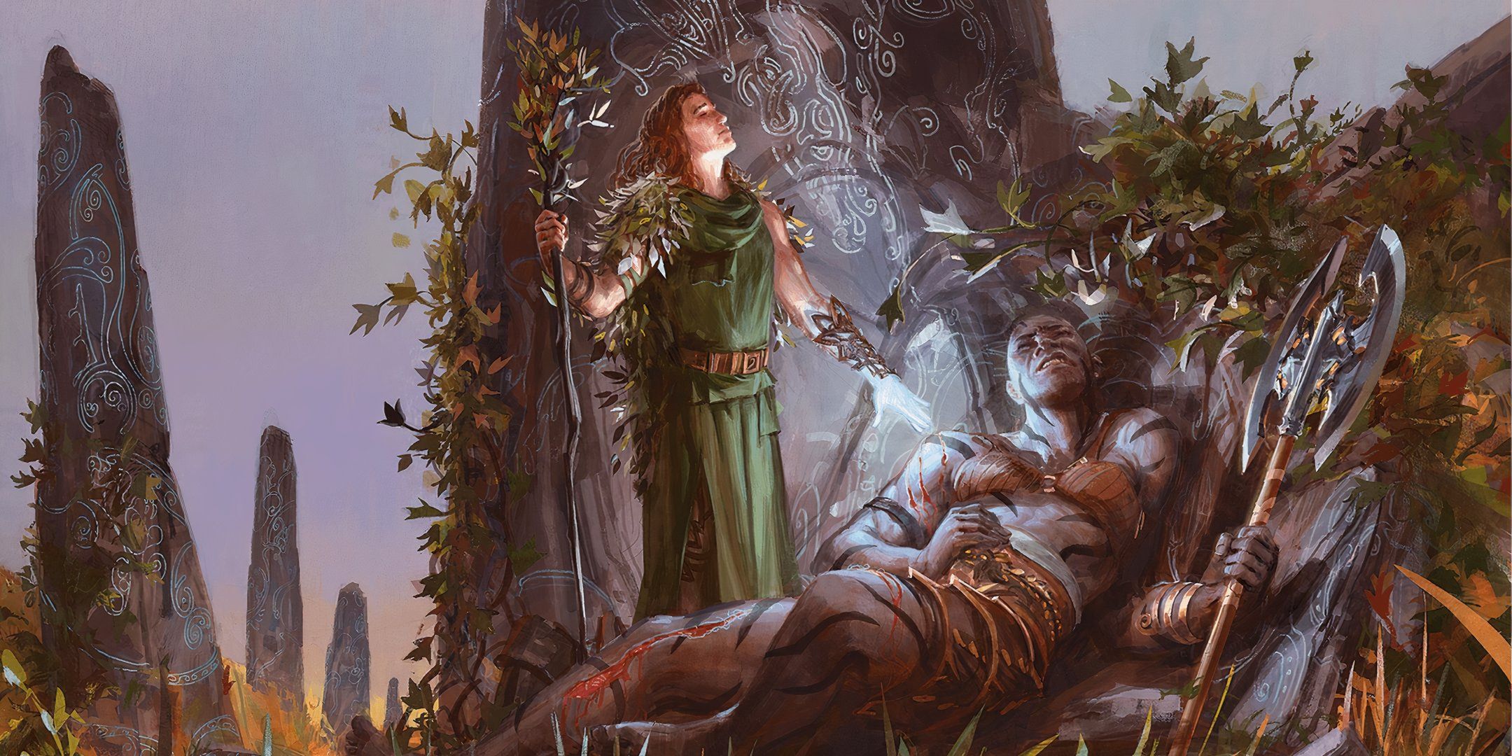 A druid in green robes casting lesser restoration on a fallen warrior in Dungeons & Dragons.