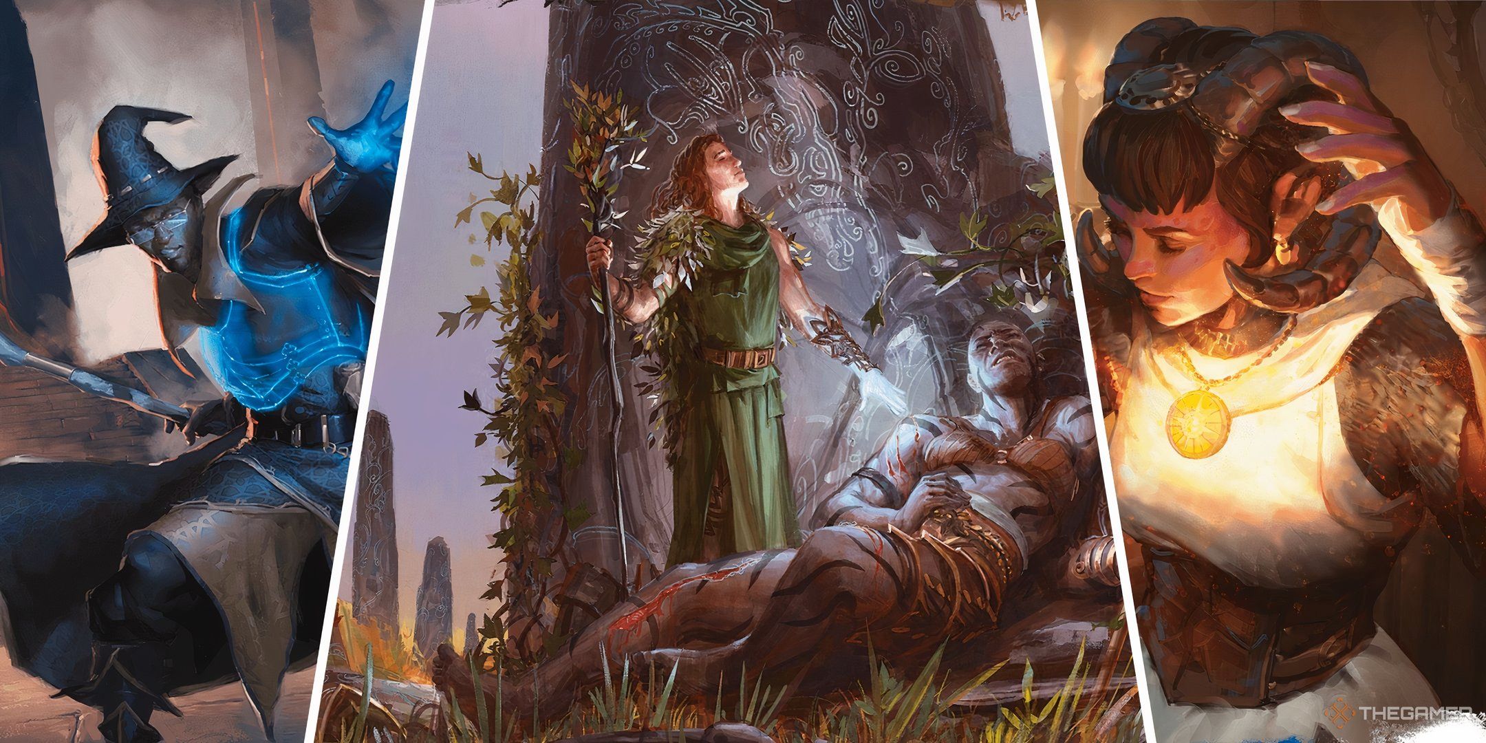 Three spellcasters side-by-side in a split image in Dungeons & Dragons, all casting unique spells. 