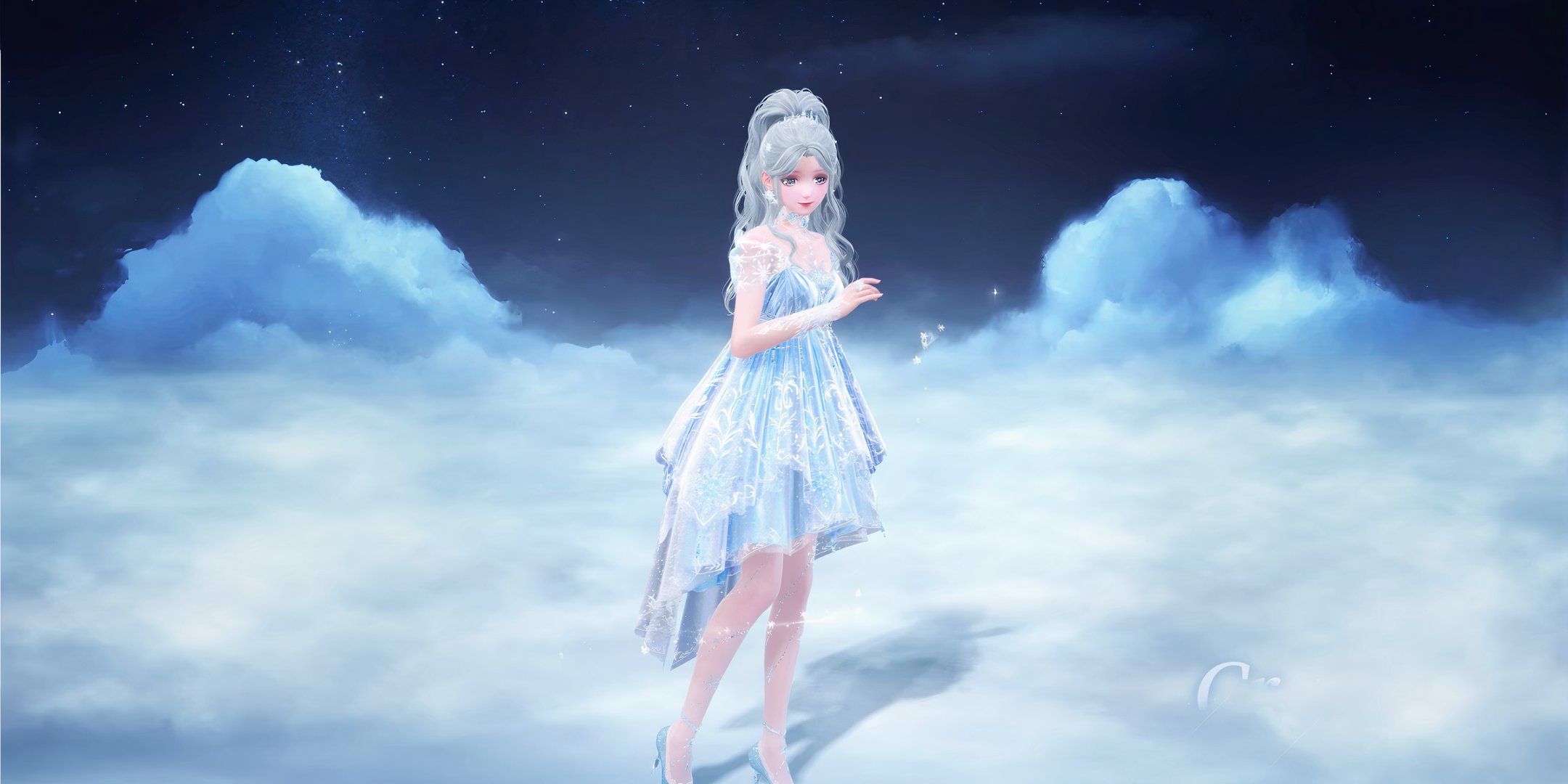 Nikki is standing against a night time background on top of white clouds.