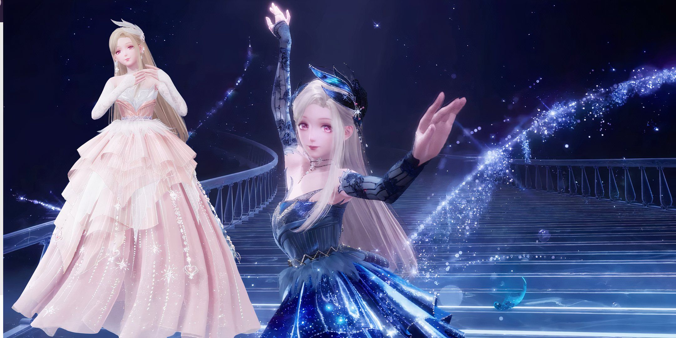 Nikki wearing the Fairytail Swan dress with the default pink on the left, and the blue in the middle in Infinity Nikki.