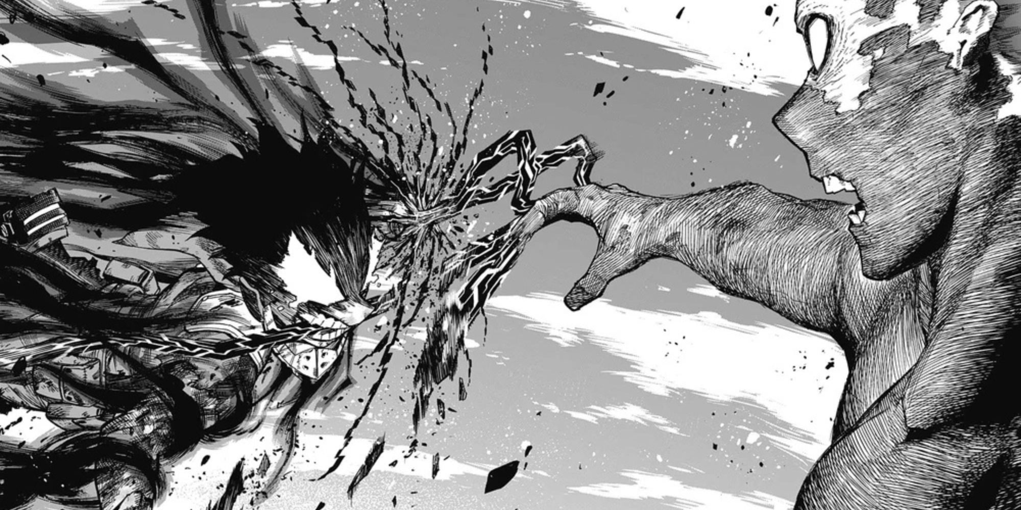 An enraged Deku bites Shigaraki's finger.