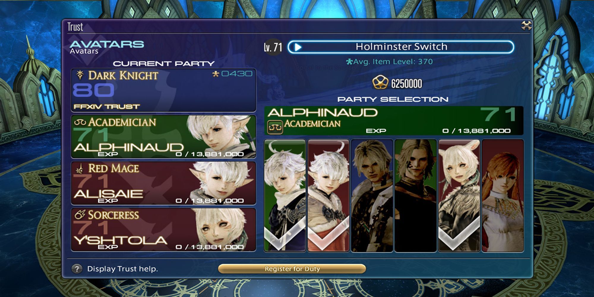 The trust system menu in Final Fantasy 14.