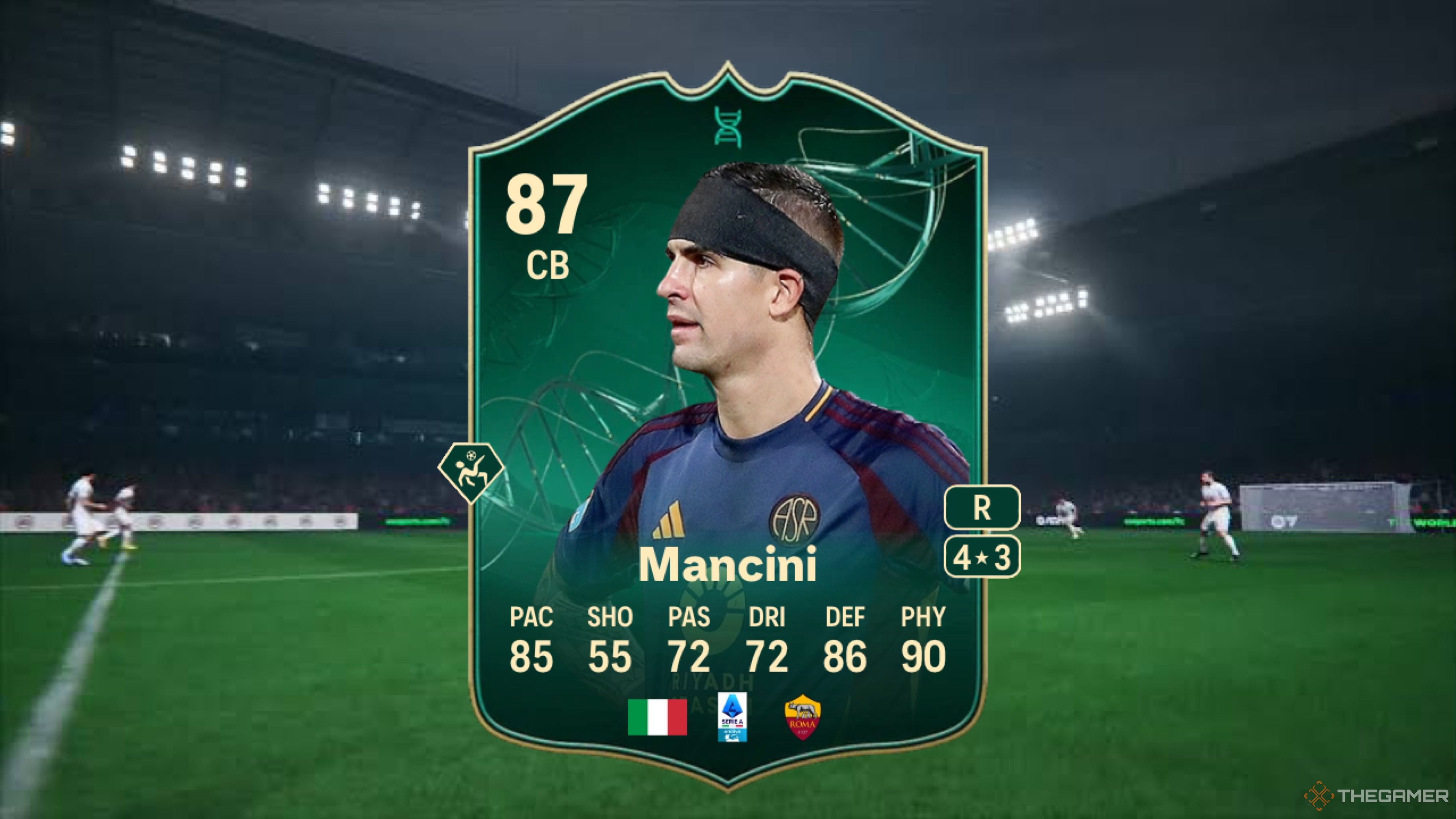 Image showing Mancini card against a faded stadium background from EA Sports FC 25.