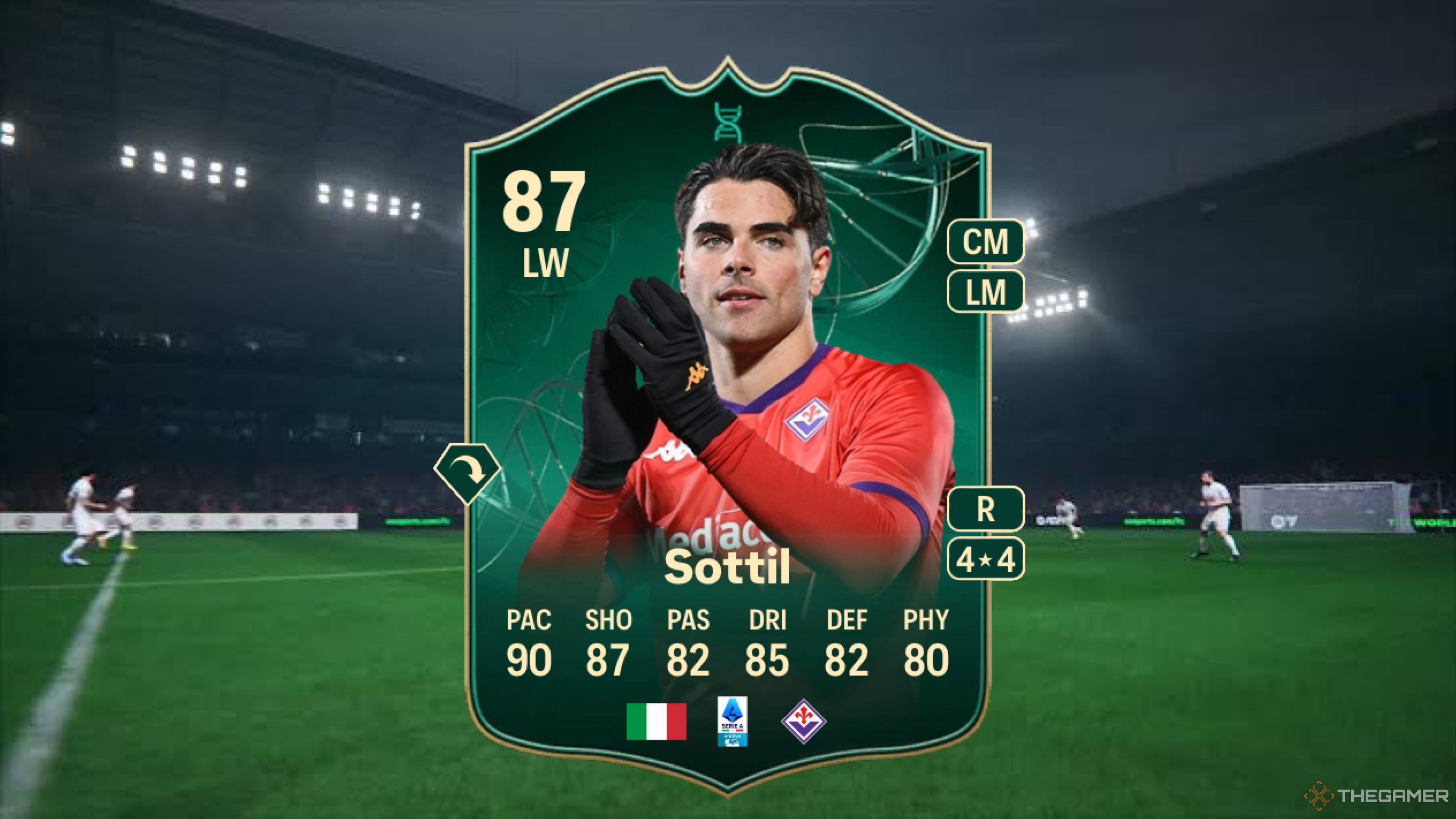 Image showing Sottil card against a faded stadium background from EA Sports FC 25.