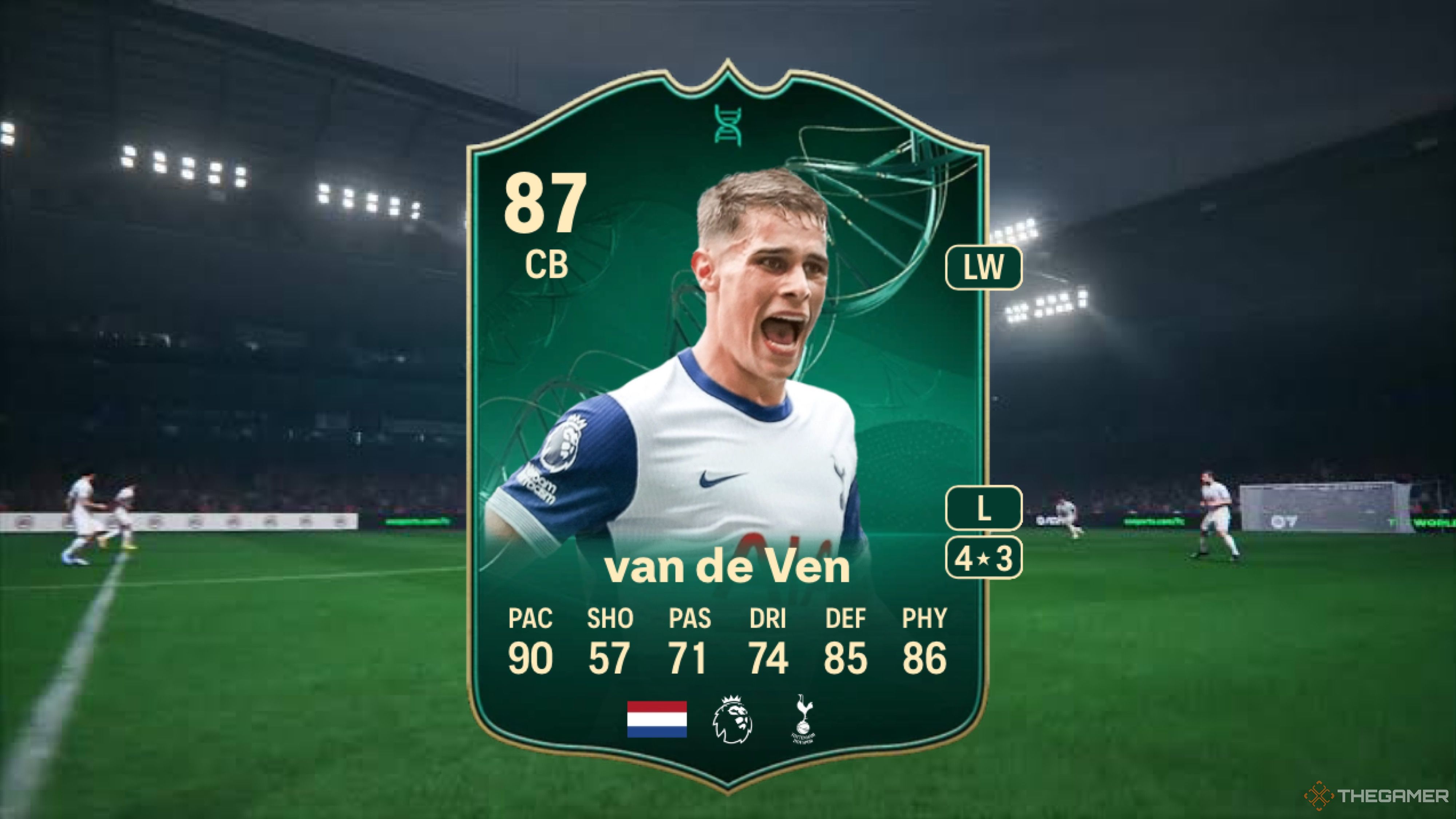 Image showing van de Ven card against a faded stadium background from EA Sports FC 25.