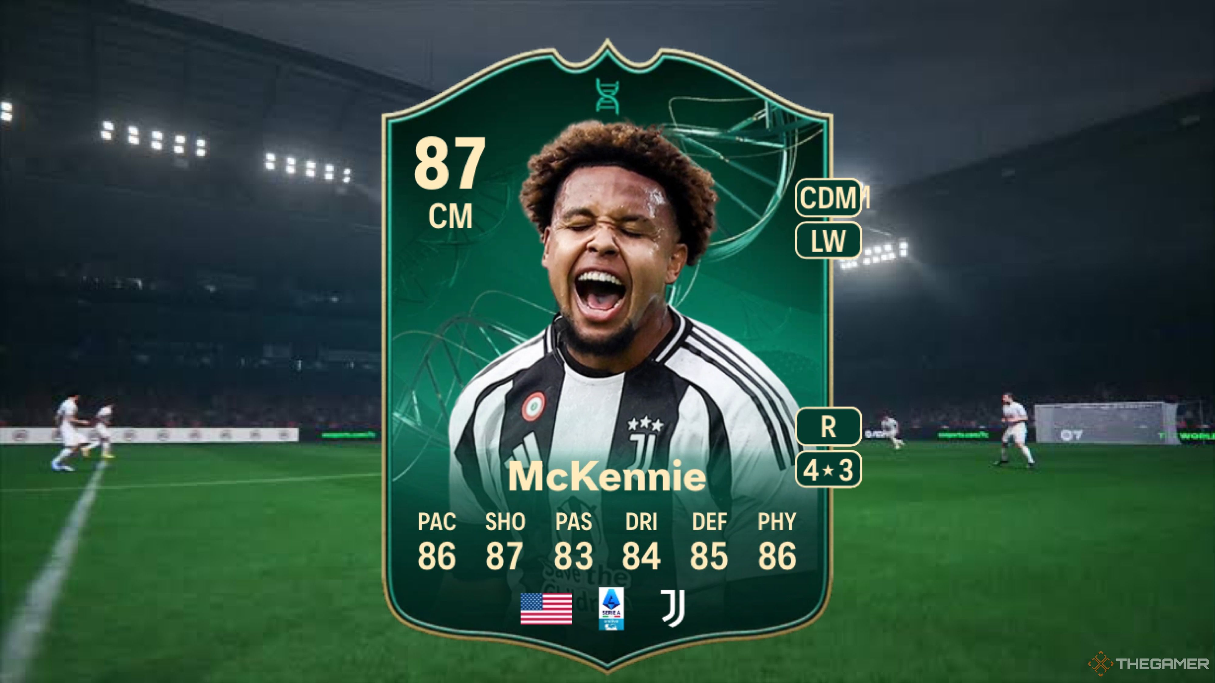 Image showing McKennie card against a faded stadium background from EA Sports FC 25.