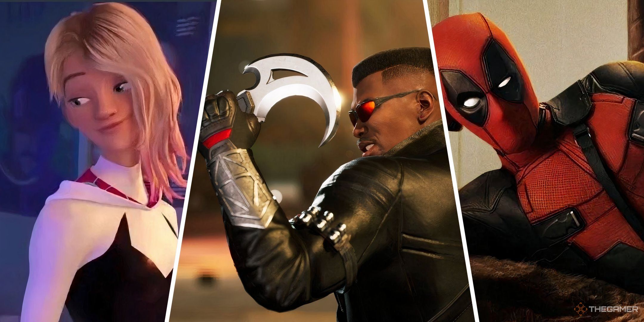 Nine Heroes We Would Love To See In Marvel Rivals with a split image of Spider Gwen, Blade and Deadpool.