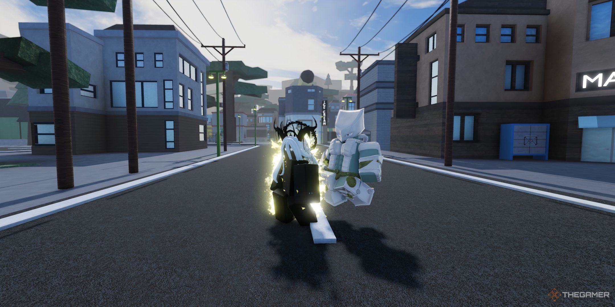 A player with The World, that has an epic skin equipped - The World: OVA, in Roblox: A Universal Time.