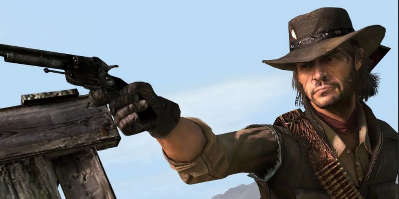 Arthur holding a gun in Red Dead Redempton