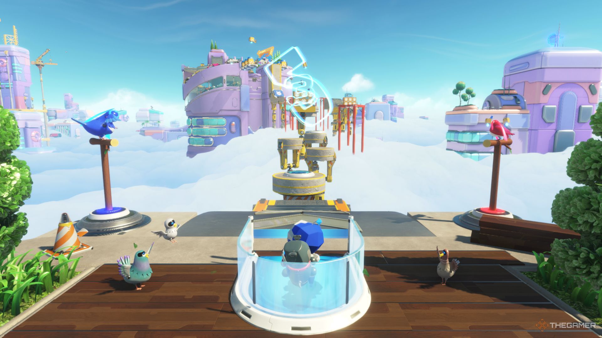 Astro Bot at the starting line of the time trial stage Buiding Speed as the timer starts to count down.