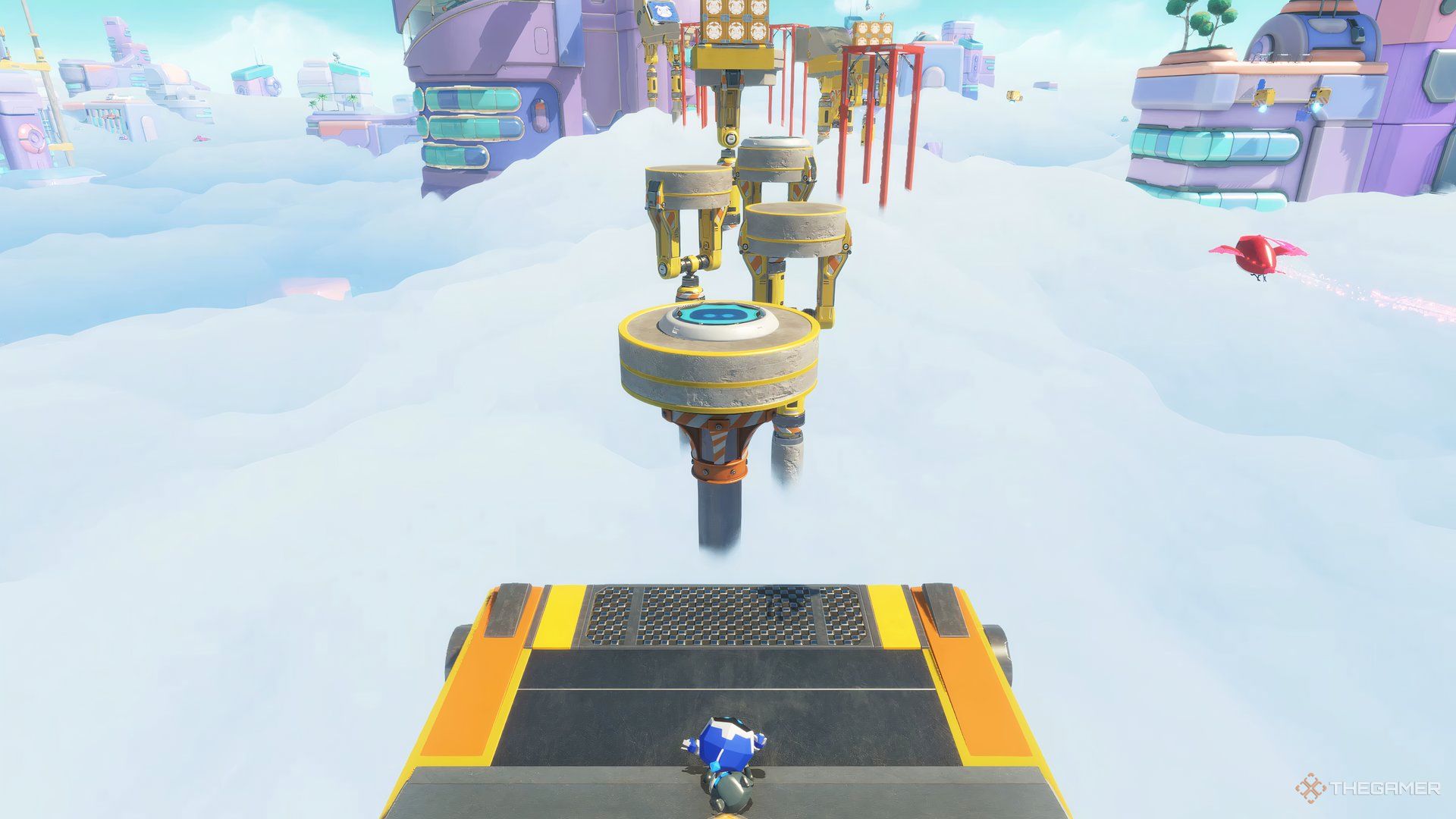 Astro Bot about to make the first jump in the stage Building Speed.