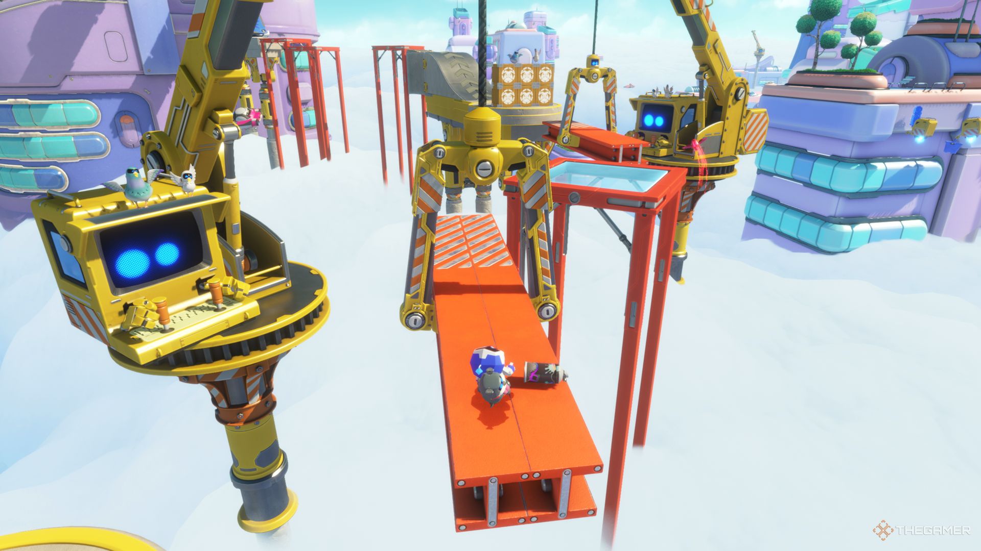 Astro Bot climbing across the first beam obstacles in the Building Speed time trial stage. 