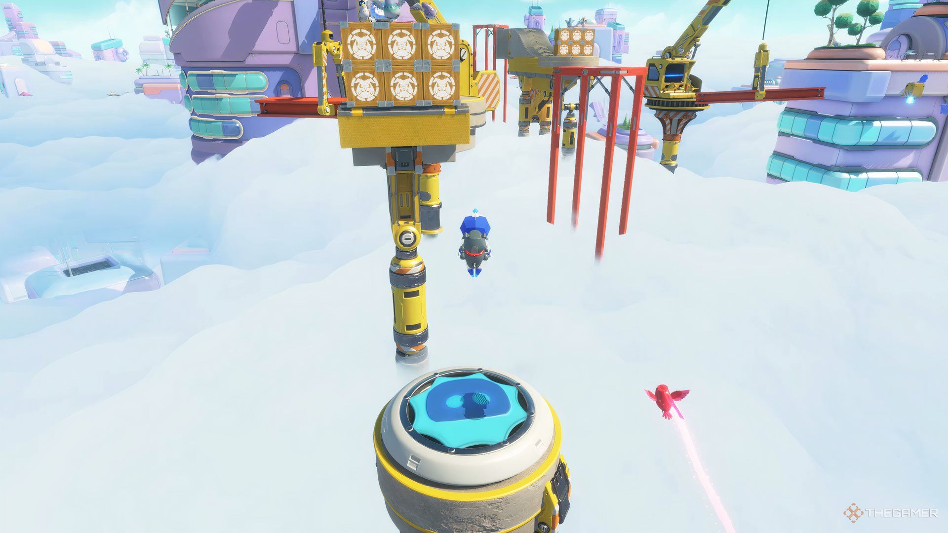 Astro Bot jumping on the first trampoline in the Building Speed speed trial stage.