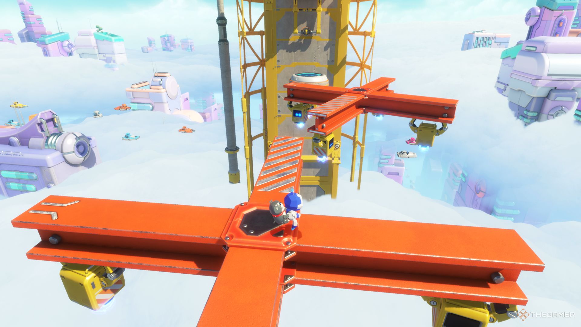 Astro Bot crossing the section of four-way beams near the end of the Building Speed stage.