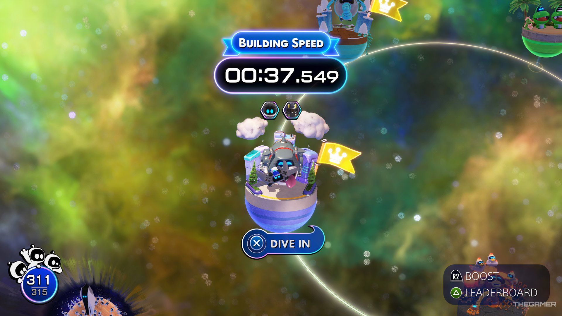 Astro Bot map screen showing a best time with the two rewarded Bots.