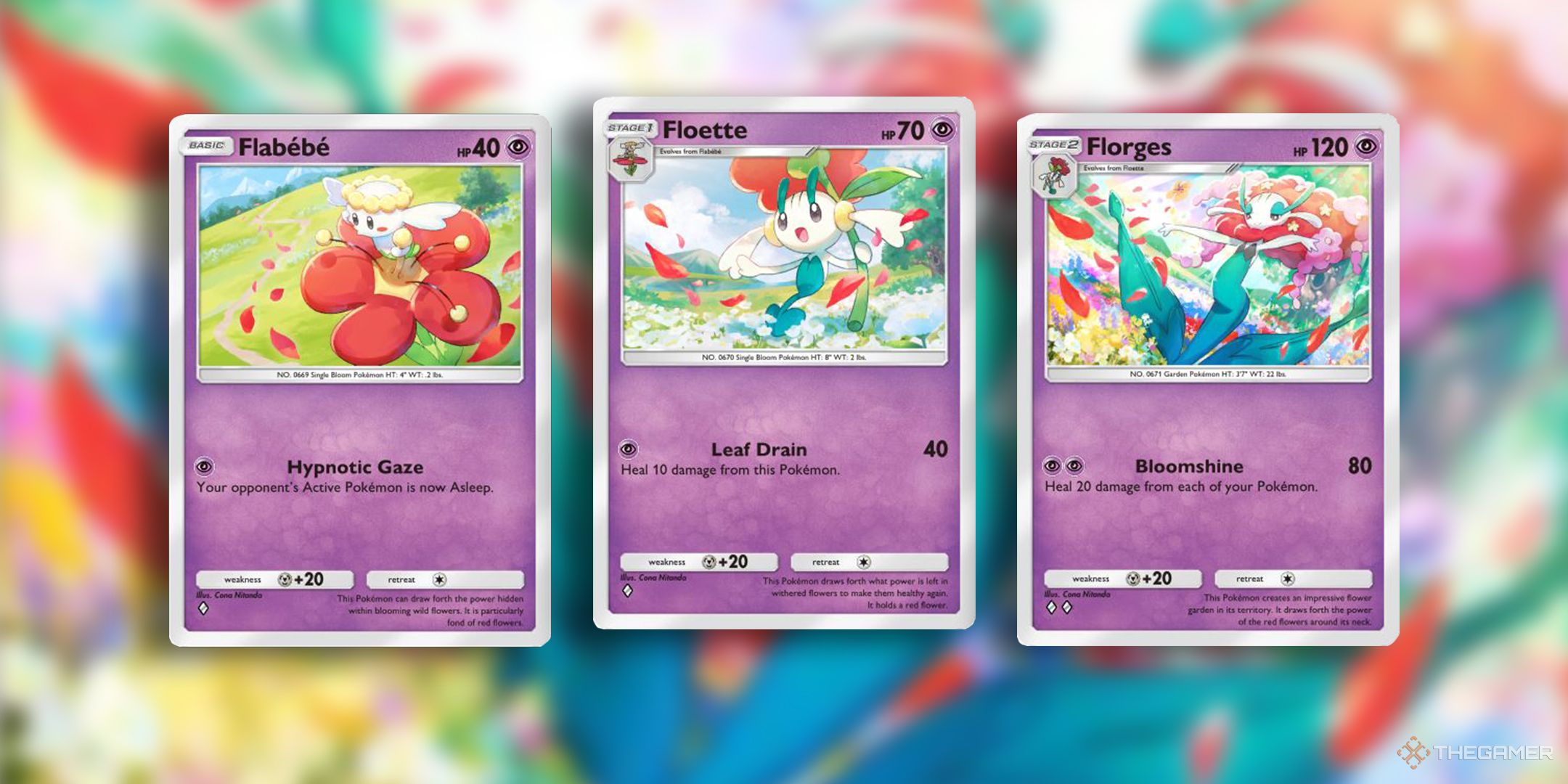 The Pokemon cards Flabebe, Floette, and Florges from the Mythical Island expansion.