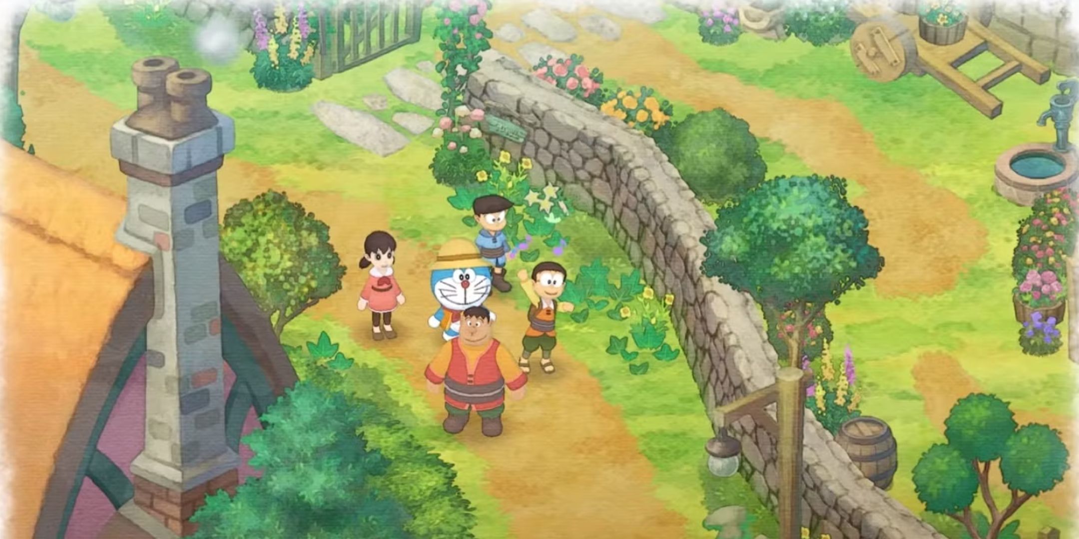 Doraemon Story of Seasons gameplay of the main character and his friends on a rural pathway.