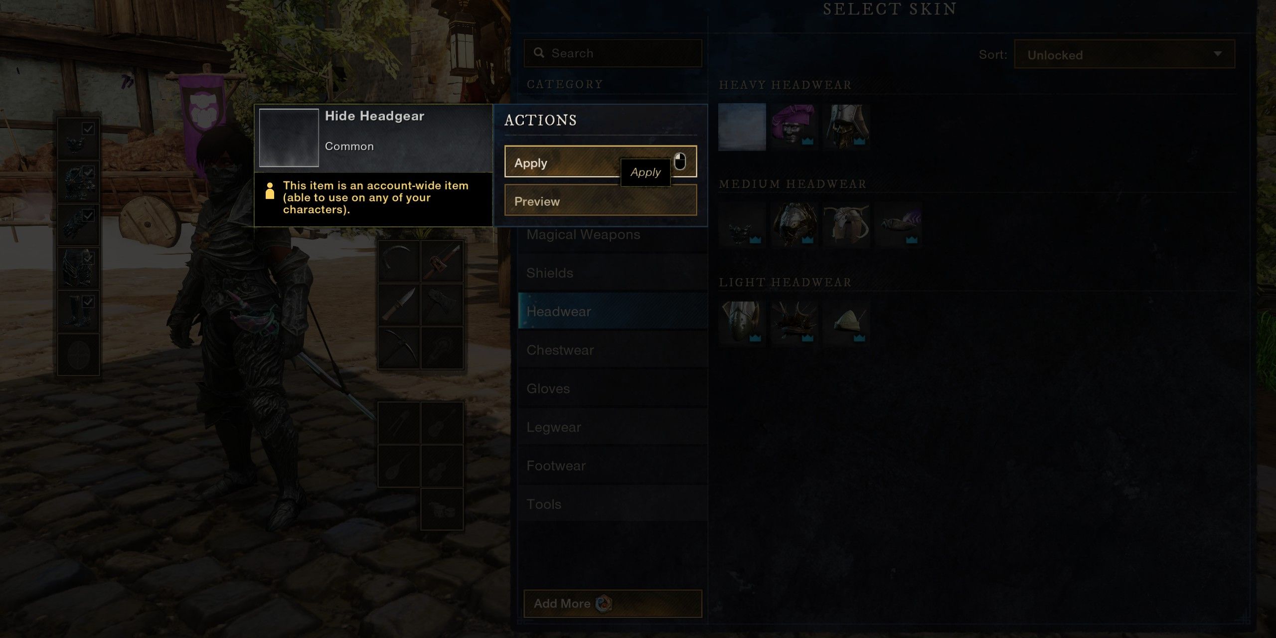 The skin selection menu with the Hide Helmet option selected in New World: Aeternum.