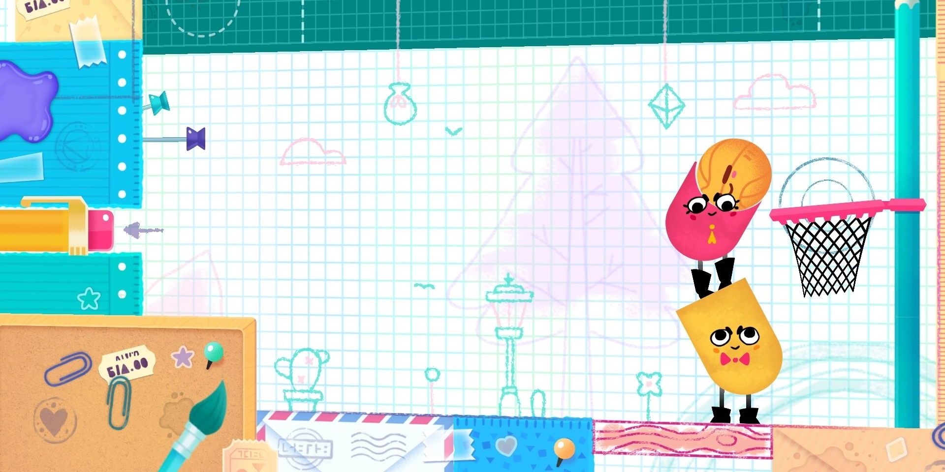 Snip and Clip working together to dunk a basketball in Snipperclips