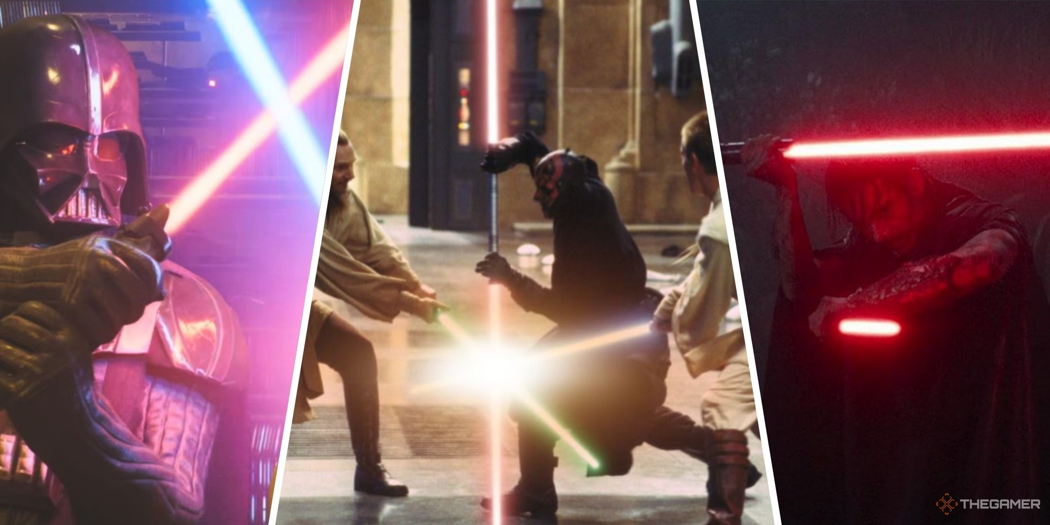 Three-image collage of Darth Vader locked with Cere's lightsaber in Jedi: Survivor, Qui-Gon Jinn and Obi-Wan locked with Darth Maul in The Phantom Menace, and Manny Jacinto as Qimir in The Acolyte with his double red blades.