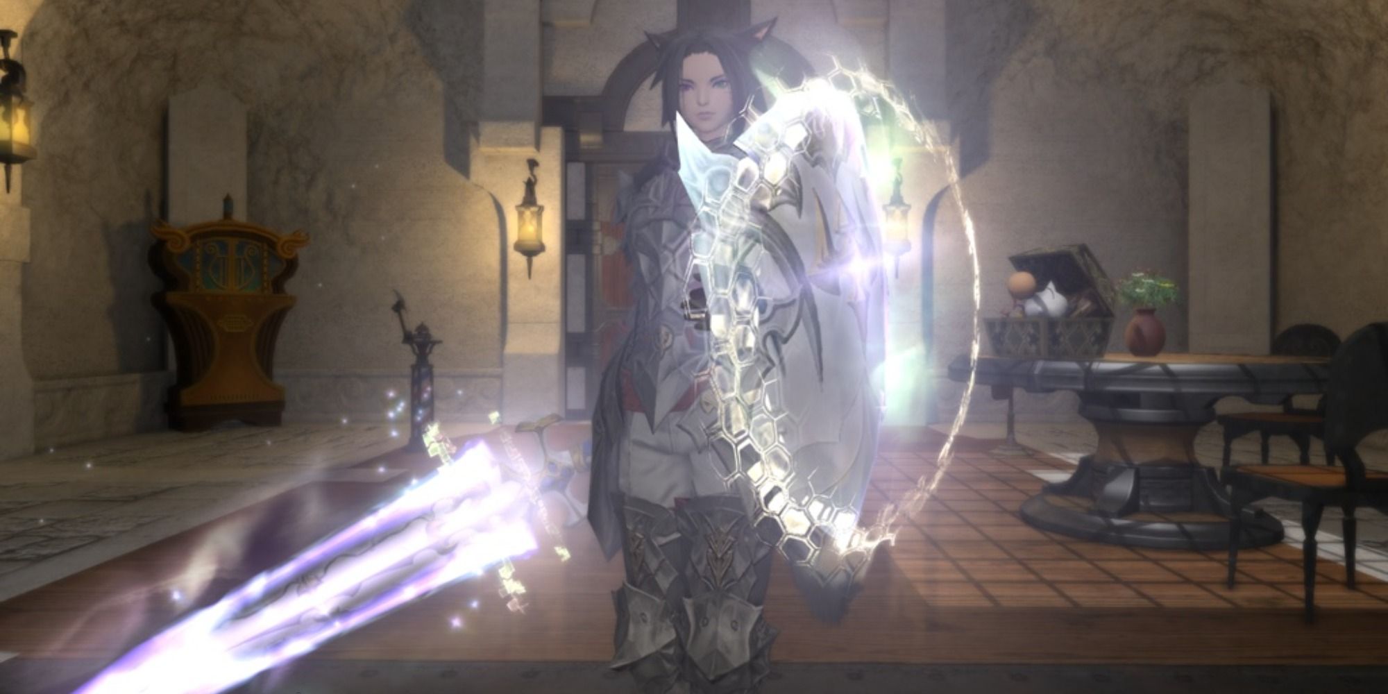 A Paladin wielding the Curtana Nexus Sword and the Holy Shield Nexus in Final Fantasy 14