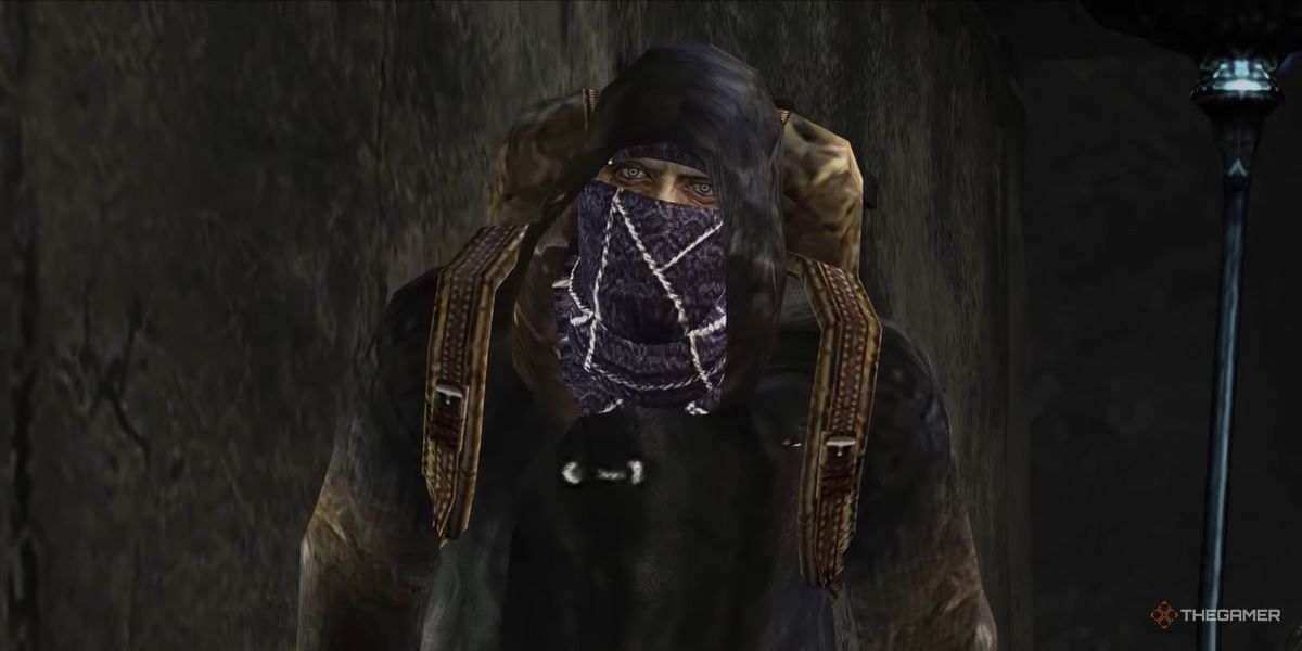 Close-up of the merchant in Resident Evil 4 (2005).