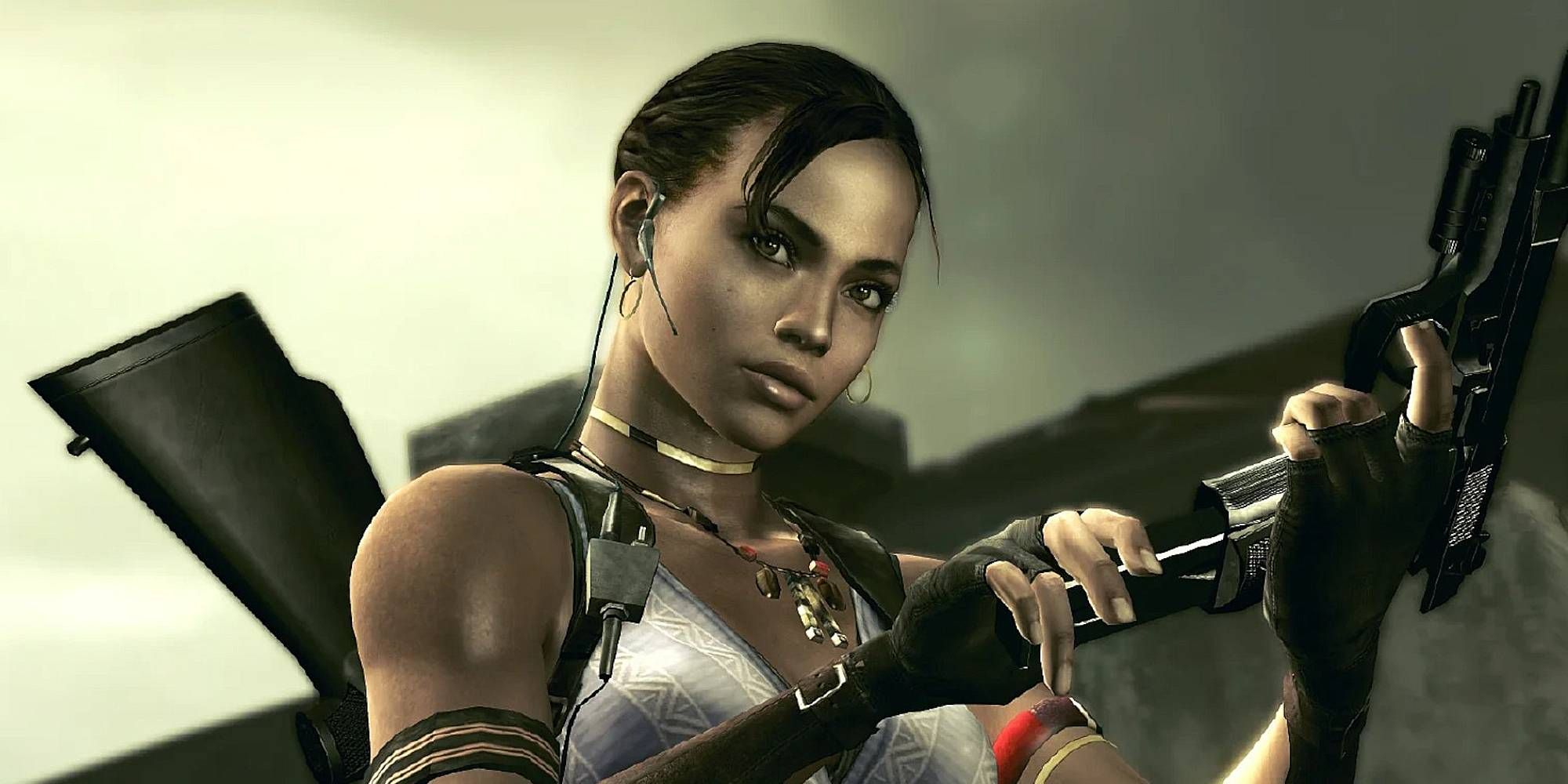 Sheva from Resident Evil 5 looks up as she's reloading a gun, a shotgun carried around her shoulder.